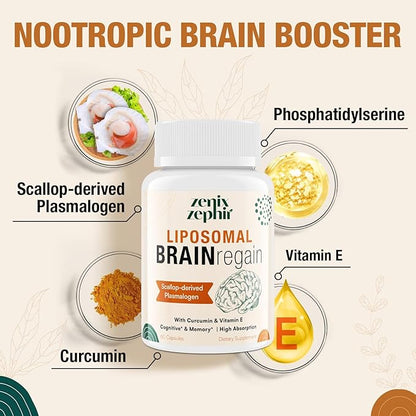 Liposomal Brain Supplements for Memory and Focus - Plasmalogen with Curcumin & Vitamin E for Better Absorption- Suitable for Seniors,Adult Men & Women Cognitive Health,High Potency 120 Servings