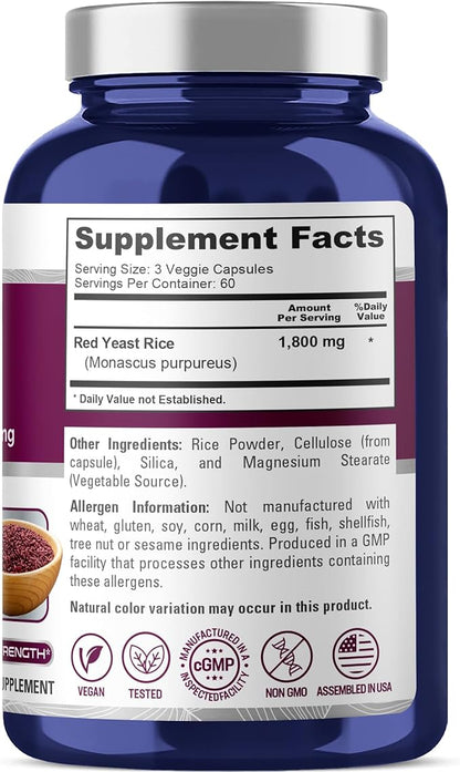 NusaPure Red Yeast Rice 1800mg 180 Veggie Capsules (Non-GMO, Vegan)