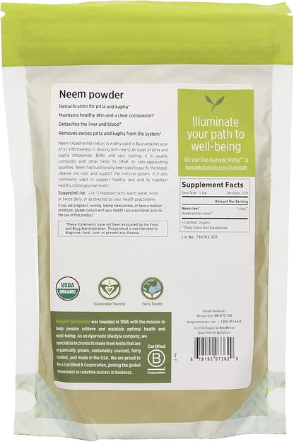 Banyan Botanicals Neem Powder - Organic Azadirachta Indica - Purifying Ayurvedic Herb for Healthy Skin & Blood* – 1/2 lb. – Fair for Life Sustainably Sourced Non-GMO Vegan