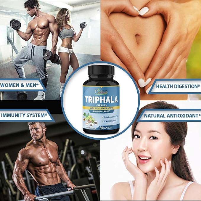 Organic Cadane Triphala Extract Capsules - 6 Premium Ingredients Complex with Turmeric, Moringa, Guggul, Ginger, and Black Pepper - 60 Caps for 2 Months Supply