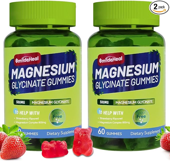 Magnesium Glycinate Gummies 500mg with L-Threonine 300mg - Sugar-Free Magnesium Potassium Supplement with Vitamin D, B6, CoQ10 - Strawberry Flavored - 120 Gummies