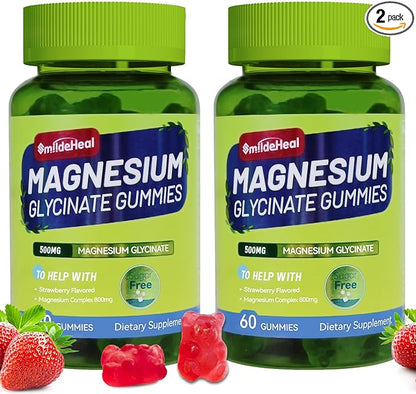 Magnesium Glycinate Gummies 500mg with L-Threonine 300mg - Sugar-Free Magnesium Potassium Supplement with Vitamin D, B6, CoQ10 - Strawberry Flavored - 120 Gummies
