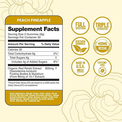 Troomy Reishi Calm Gummies Natural Pineapple Peach Flavor, Gelatin-Free, Gluten-Free, and Vegetarian - 60 Count