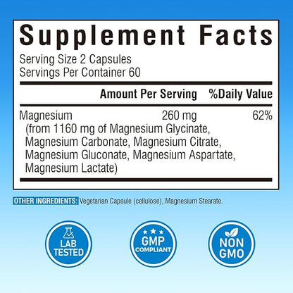Magnesium Complex Supplement 6 in 1, 1160mg Chelated Magnesium for Max Absorption, Help with Better Sleep, Muscle Relax & Nerve Calm, 120 Vegan Capsules, Non GMO & Gluten Free