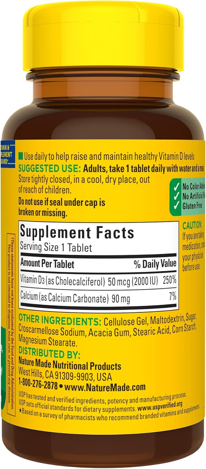 Nature Made Vitamin D3 2000 IU (50 mcg), Dietary Supplement for Bone, Teeth, Muscle and Immune Health Support, 100 Tablets, 100 Day Supply (Pack of 2)