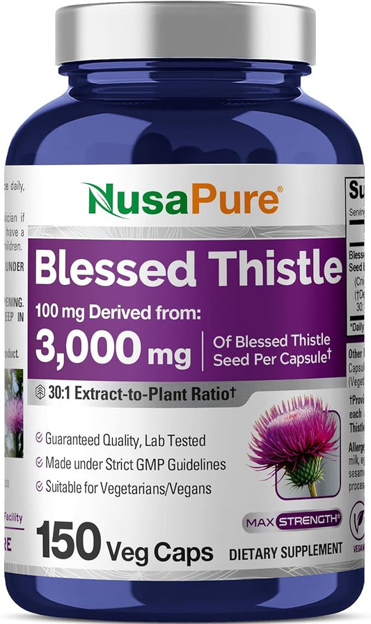 NusaPure Blessed Thistle Seed 30:1 Extract, 100 mg Equivalent to 3,000mg Per Veggie Caps 150 Count (Non-GMO, Vegan)