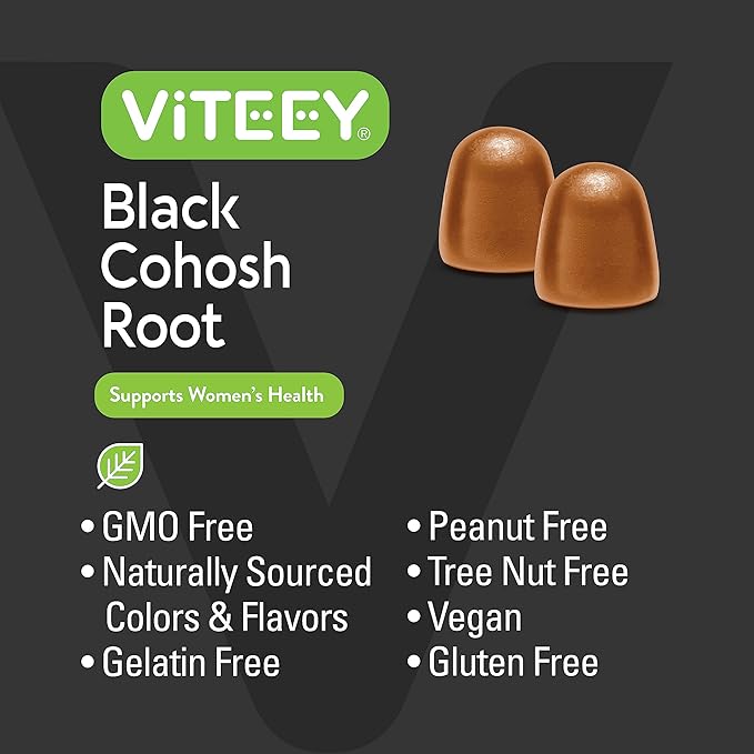 Black Cohosh for Menopause Gummies for Women - Hot Flashes and Night Sweats Relief Supplements - Black Cohosh Root - Vegan, Gelatin Free, Gluten Free, GMO Free - Tasty Chewable Peach Flavored Gummy