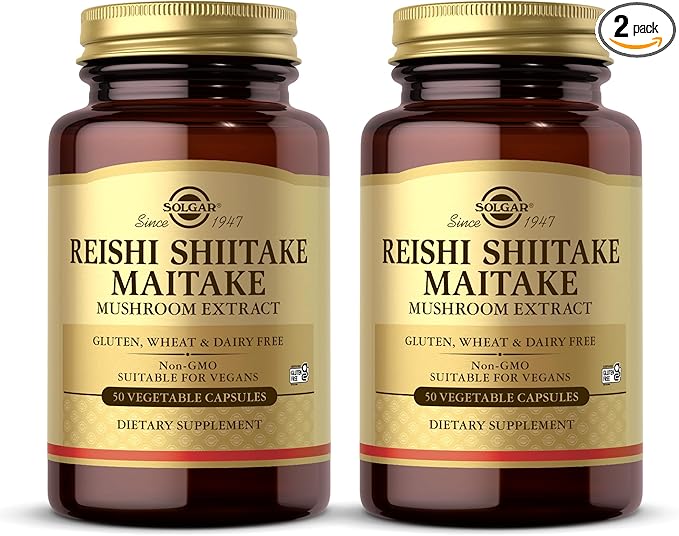 SOLGAR Reishi Shiitake Maitake - 50 Vegetable Capsules - Mushroom Extract - Non-GMO, Vegan, Gluten Free - 50 Servings