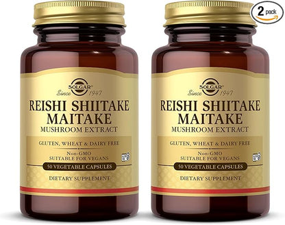 SOLGAR Reishi Shiitake Maitake - 50 Vegetable Capsules - Mushroom Extract - Non-GMO, Vegan, Gluten Free - 50 Servings