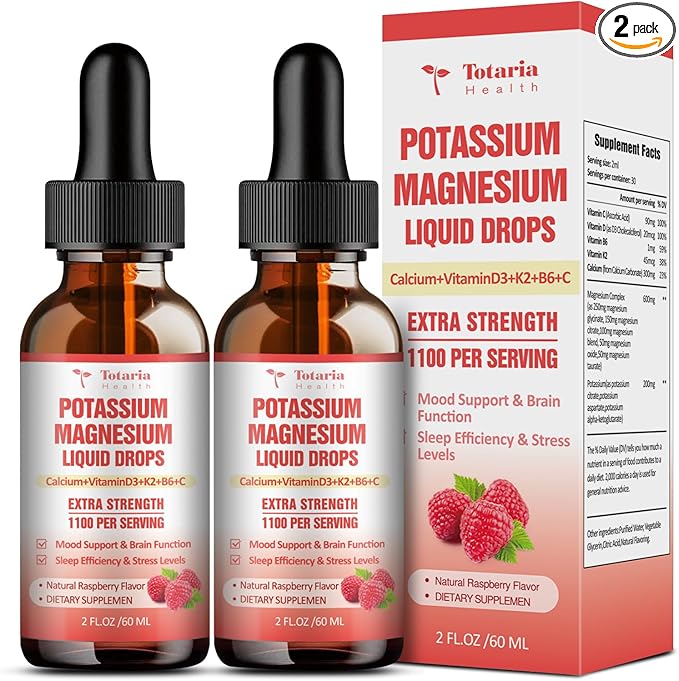 (2 Packs) Potassium Magnesium Supplement Liquid Drops - 200mg Potassium & 600mg Triple Complex Magnesium Glycinate Liquid Citrate Oil High Absorption Potasio Support Bone, Muscle, Leg Cramps