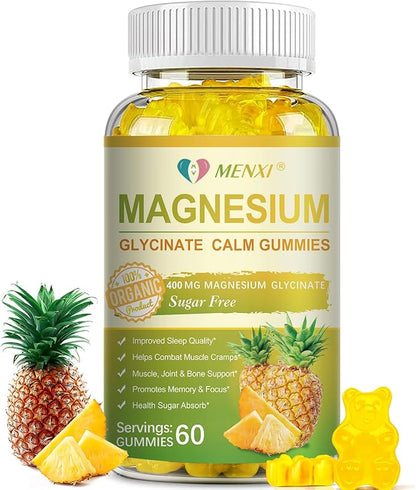 Magnesium Glycinate Gummies 400mg, Sugar Free Magnesium Taurate, Magnesium Malate Supplement with Vitamin D, B6, CoQ10 for Relaxation, Stress Relief, Muscle, Bone & Sleep Support- 60 Pineapple Gummies