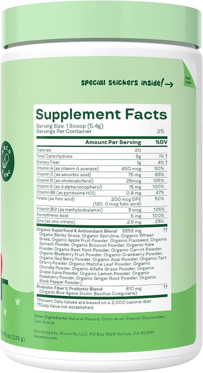 Bloom Nutrition Superfood Greens Powder for Kids, Digestive Enzymes, Probiotics, Prebiotics, Gut Health, Chlorella, Green Juice Mix w/Beet Root Powder (25 Servings (Pack of 1), Strawberry Apple)
