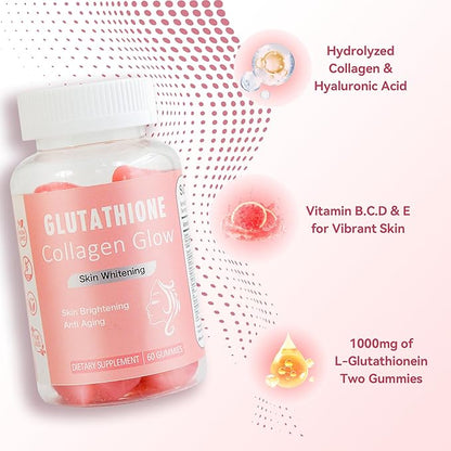 Glow Gummies for Women Skin Care and Health, 60 Count, Watermelon Flavor Collagen Glowing Skin Gummies for Skin Brightening, Organic Chewable Gummies Vitamins, Vegan, Gluten-Free