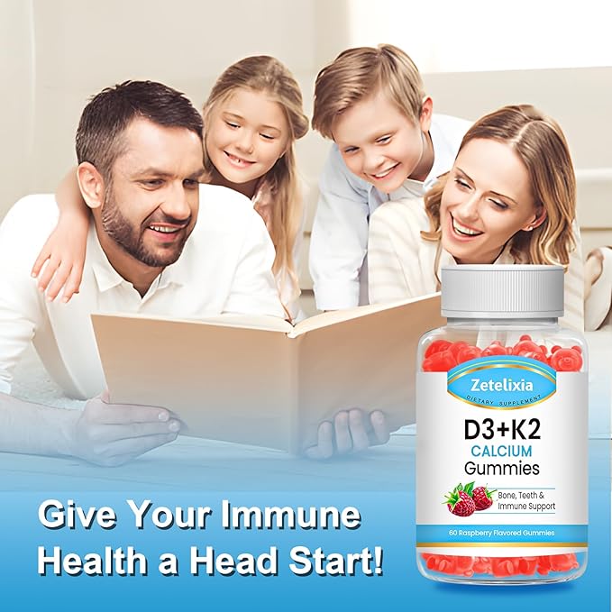 Sugar-Free Vitamin D3 K2 Gummies, Vitamin D3 2000 IU, K2 (MK7) 120mcg, Calcium 600 mg with Vitamin D3, Support B0ne & Immune Health, Vegan, Gluten Free, Raspberry Flavor, 60 Count