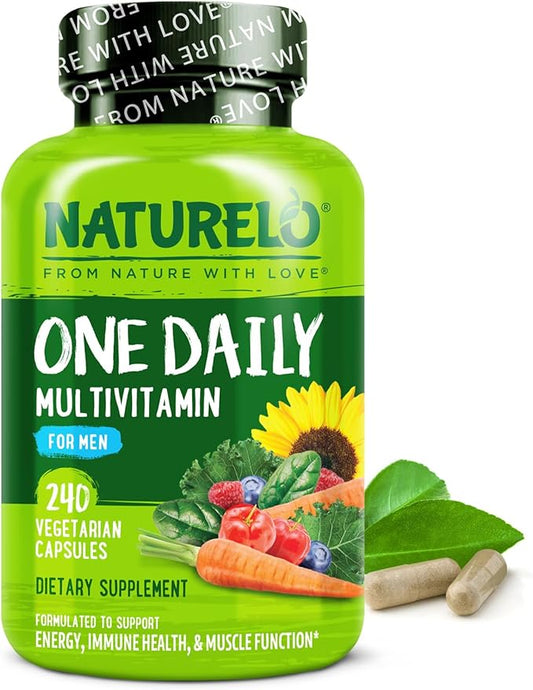 NATURELO Mens Multivitamins - One Daily Multivitamin for Men with Vitamins, Minerals & Organic Whole Foods, Boost Energy & Health, Non-GMO, 240 Vegetarian Capsules