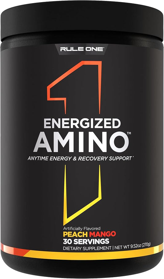 Rule 1 Energized Amino – Anytime Energy and Recovery Support with BCAAs, Glutamine, Citrulline, Beta Alanine, and Caffeine from Green Coffee & Tea Leaf Extracts (30 Servings, Peach Mango)
