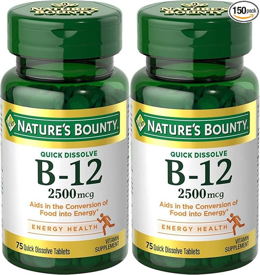 Natures Bounty Vitamin B-12, Quick Dissolve, 2500 mcg, Natural Cherry Flavor 75 ct (2 Pack)