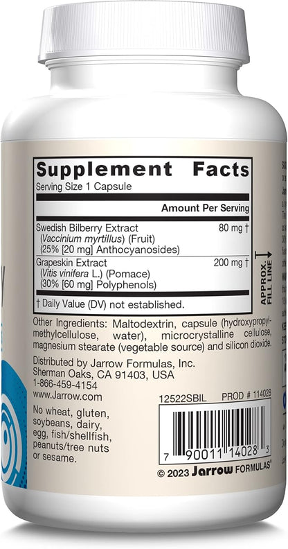 Jarrow Formulas® Bilberry + Grapeskin Polyphenols, Vision and Eye Health, 60 Veggie Capsules, Up to a 30 Day Supply