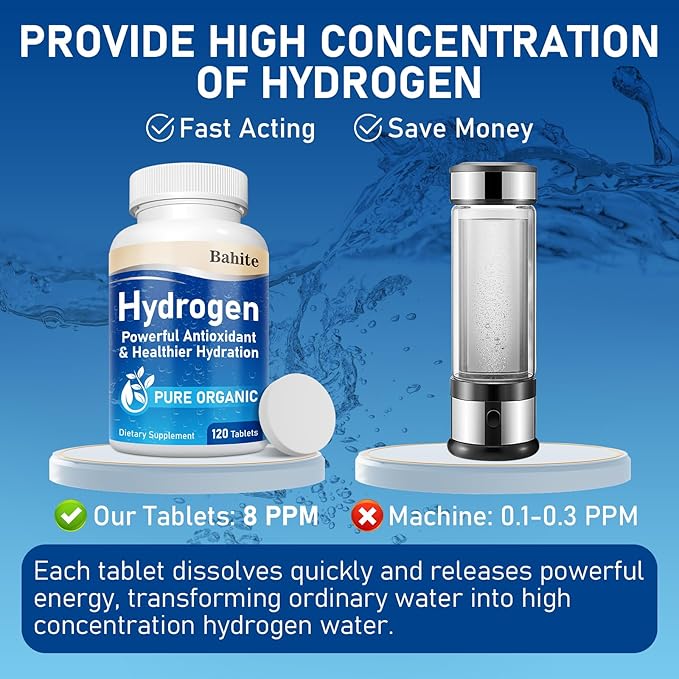 Hydrogen Water Tablets with Magnesium, Molecular H2 Hydrogen Tablets for Drinking Water, Brain Health & Cognitive Support, Non-GMO, Gluten Free, 120 Count