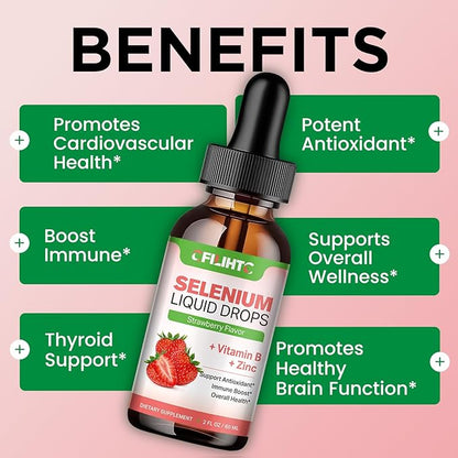 Selenium Liquid Drops - 200mcg Liquid Selenium Supplement with Vitamin B Complex & Zinc - Support for Immune System, Antioxidant & Heart Health, High Absorption - Strawberry Flavor, 2 Fl Oz