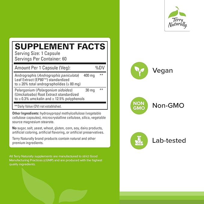 Terry Naturally Andrographis EP80 with Umckaloabo - Dietary Supplement to Support Mucus Relief & Respiratory Health - Vegan Capsules to Aid Immune Health - 60 Capsules (60 Servings)