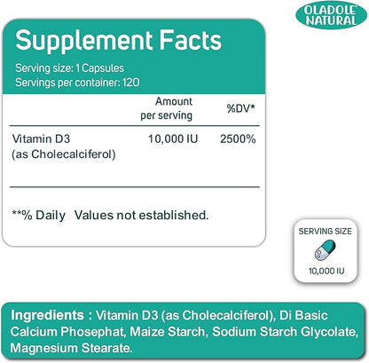 Vitamin D3 10,000 IU- 120 Softgel | High Potency Formula Supports Healthy Bones, Teeth, Muscles & Immune Function | Non-GMO, Gluten-Free | Mood Enhancer, Daily Wellness Essential