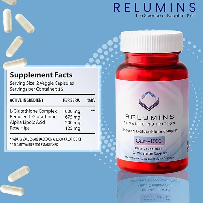 Relumins Advance Nutrition Gluta 1000 - Reduced L-Glutathione, Alpha Lipoic Acid & Rose HIPS - Antioxidant Support for Skin & Overall Wellness - 60 Veg Capsules x 3 Bottles (90-Day Supply)