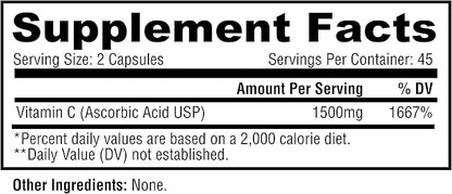 Metabolic Nutrition Vitamin C, 1500mg, Pure Pharma Grade, High Absorption Ascorbic Acid Capsules (90 caps)