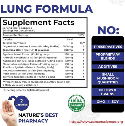 CANCER SCIENCES Lung Health & Wellness Supplement, USDA Certified Organic Mushrooms Extract, 1,500 mg Extra Strength, High Potency 40% Beta-Glucans, Immune Support, Healthy Lungs Booster, 120 Capsules