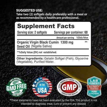 FRESH HEALTHCARE Black Seed Oil Capsules Cold Pressed 1300mg - 100% Pure Non-GMO Nigella Sativa - Immune & Joint Support - Premium Softgel Supplement