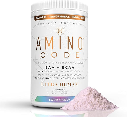 Amino Code | Essential Amino Acids + BCAAs + Coconut Water Electrolytes | Fast Hydration Workout Recovery Flavored Amino Energy Powder Drink | Clean Formula, 40 Servings - Sour Candy