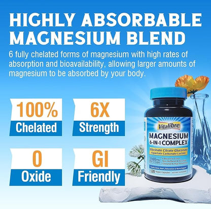 Magnesium Complex Supplement 6 in 1, 1160mg Chelated Magnesium for Max Absorption, Help with Better Sleep, Muscle Relax & Nerve Calm, 120 Vegan Capsules, Non GMO & Gluten Free
