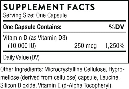 THORNE Vitamin D3 Supplement - Supports Healthy Bones, Teeth Muscles, Cardiovascular & Immune Function* - Gluten, Dairy & Soy-Free - 10,000 IU - 60 Capsules
