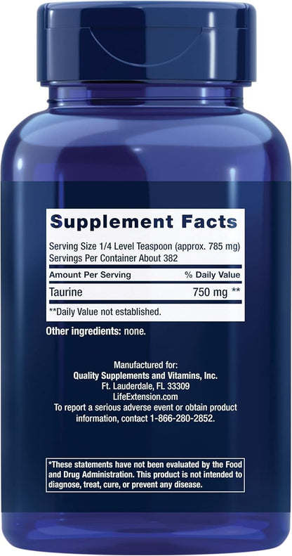 Life Extension Taurine Powder – Healthy Cardiovascular Support, Promotes Brain Health, Healthy Aging, and Muscle and Exercise Recovery – Gluten-Free, Non-GMO, Vegetarian – 300 Grams