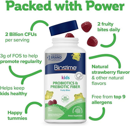 Biostime Kids Prebiotic & Probiotic Gummies (Ages 4+) | Probiotics for Kids | Includes 2 Billion CFU to Support Digestive Health| No added sugar Fruity Bites | Free from Top 9 Allergens |50 Count