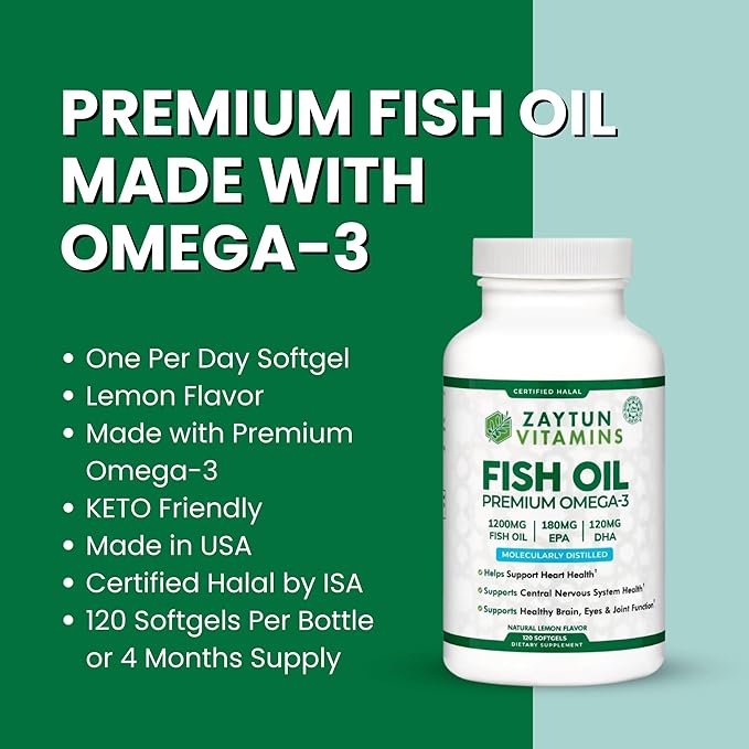 Zaytun Halal Fish Oil 1200mg Omega 3, Premium EPA/DHA, One Per Day, Supports Brain, Heart, Joint Health - 4 Months Supply, Lemon Flavor, Keto Friendly, Gluten Free - Halal Vitamins