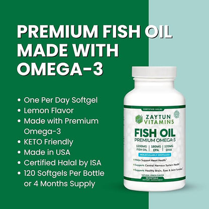Zaytun Halal Fish Oil 1200mg Omega 3, Premium EPA/DHA, One Per Day, Supports Brain, Heart, Joint Health - 4 Months Supply, Lemon Flavor, Keto Friendly, Gluten Free - Halal Vitamins