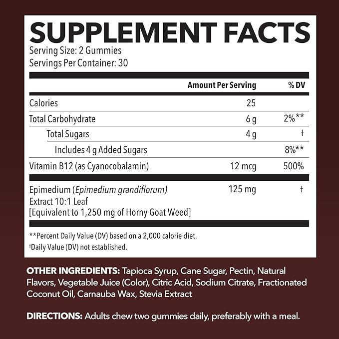 Horny Goat Weed Gummies with Vitamin B12 - Energy, Endurance & Performance Support for Male Health - 60 Count - Vegetarian-Friendly, Non-GMO, Pectin-Based - Raspberry Flavor, 1 Month Supply