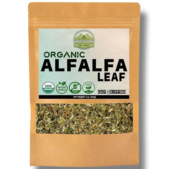 ZeeHERBS Organic Alfalfa Leaf 4 oz. (113g) Pack, USDA Certified Organic Alfalfa Leaf Herb Loose Leaf Tea, Premium Quality Medicago Sativa Herb, Cut & Sifted, Alfalfa Tea Leaves