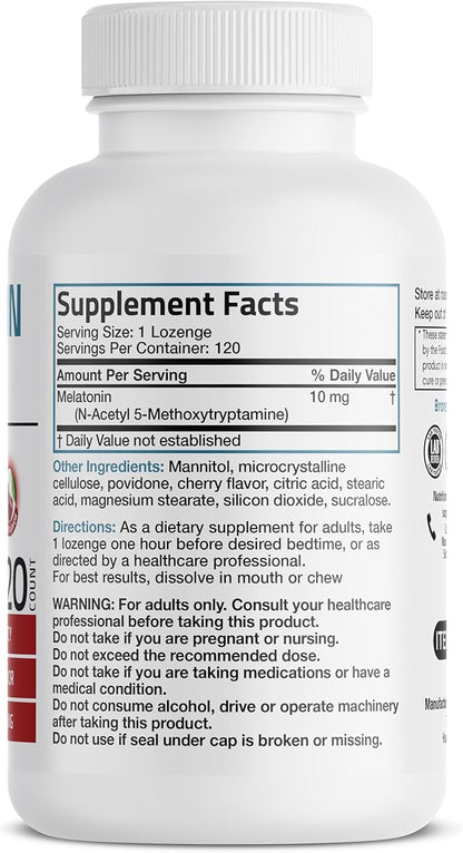 Bronson Melatonin 10mg Fast Dissolve Cherry Flavored Tablets Vegetarian Chewable Lozenges, 120 Count