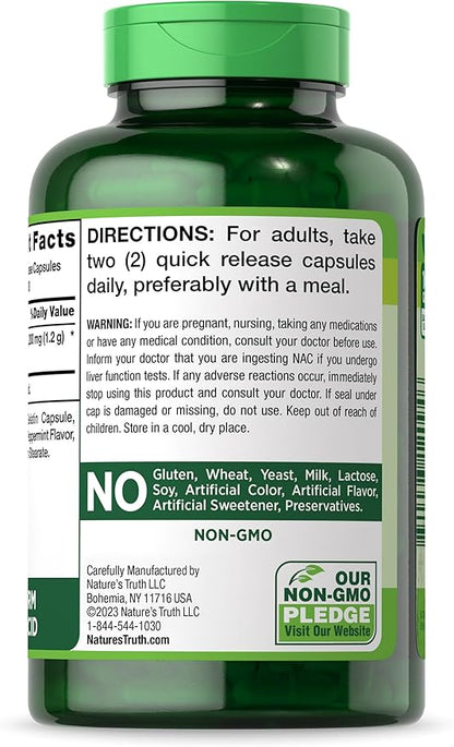 Nature's Truth NAC N-Acetyl Cysteine | 1,200mg | 200 Capsules | Free Form Amino Acid | Non-GMO & Gluten Free Supplement