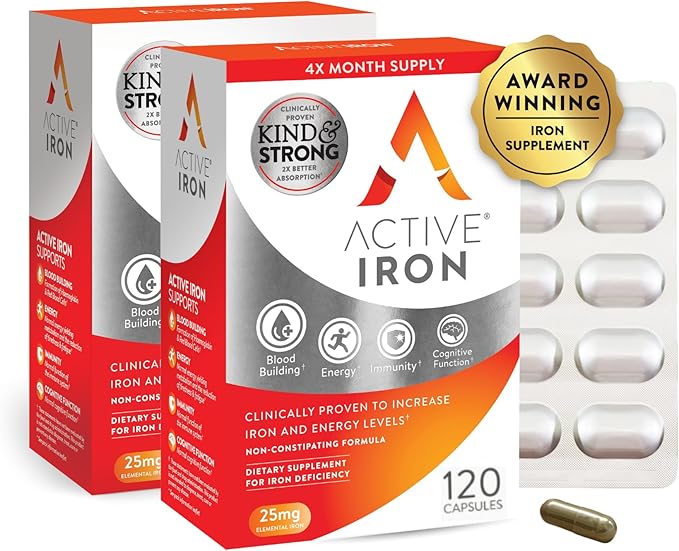 Active Iron High Potency Iron Supplement, Non-Constipating Gentle Iron Pills for Women & Men, 2X Better Absorption, Clinically Proven to Increase Iron & Energy Levels, 25mg (120 Capsules), Twin Pack