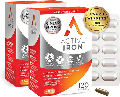 Active Iron High Potency Iron Supplement, Non-Constipating Gentle Iron Pills for Women & Men, 2X Better Absorption, Clinically Proven to Increase Iron & Energy Levels, 25mg (120 Capsules), Twin Pack