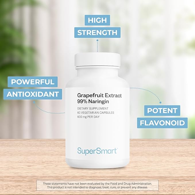 Supersmart - Grapefruit Extract 600mg per Day (99% Naringin) - High Potency GSE Supplement | Non-GMO & Gluten Free - 60 * 3 Vegetarian Capsules