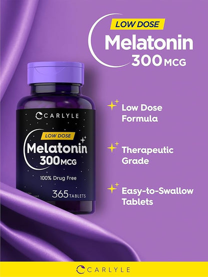 Carlyle Melatonin 300 mcg | 365 Tablets | Low Dose | Vegetarian, Non-GMO, Gluten Free