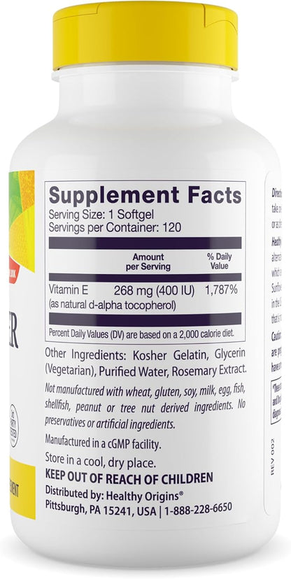 Healthy Origins Sunflower Vitamin E-400 IU (Non-GMO, Gluten Free, Soy Free, Hair Support, Nail Support, Skin Support, Cardiovascular Support), 120 Softgels