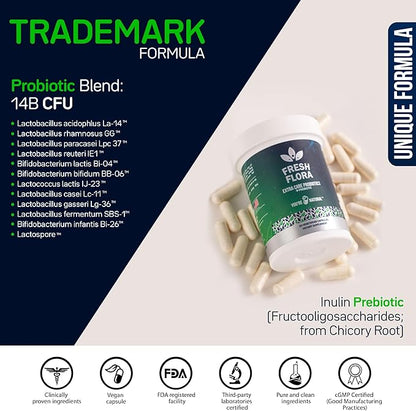Fresh Flora - Probiotics & Prebiotics For Women and Men - 15 Billion CFU - Lactobacillus Lactospore - Howaru Strengthens Immunity - Digestive & Gut Health - Gas & Bloating Relief - 30 Veggie Capsules