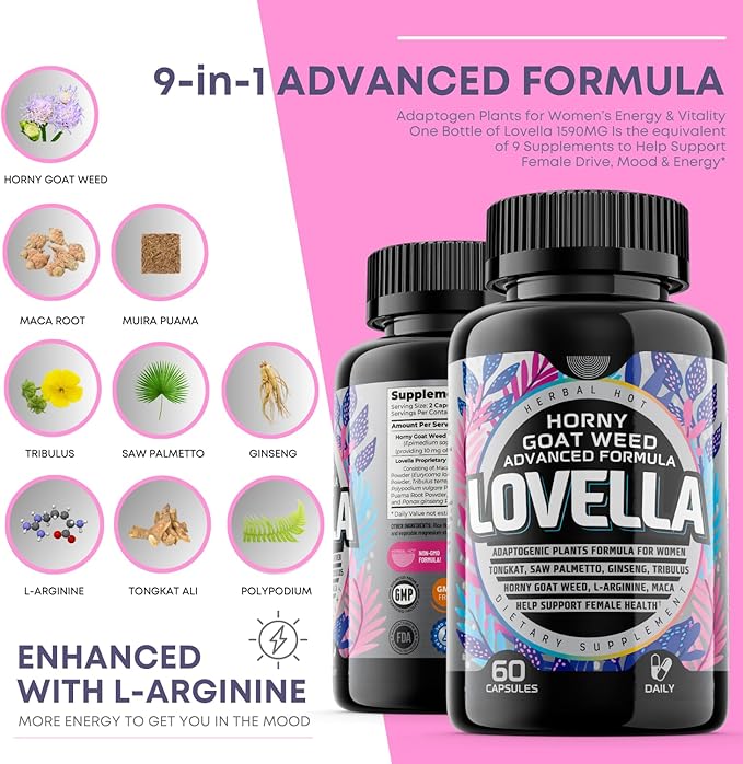 Hornygoatweed Women - Libido Booster for Women, Mood, Energy & Hormone Balance for Women w. Maca Root - Female Libido Booster w. Ginseng - Libido Supplement for Women w. Tribulus terrestris -60ct USA