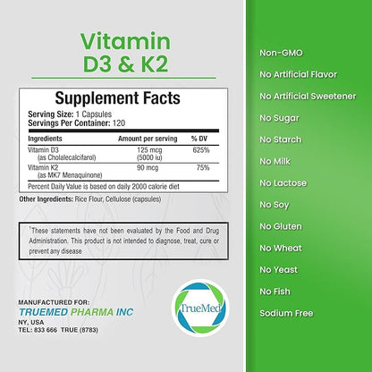 Vitamin D3 & K2 Supplement – High-Potency D3 5000 IU + K2 MK7 – Supports Bone, Heart & Immune Health – Calcium Absorption & Cardiovascular Wellness – 120 Vegan Capsules