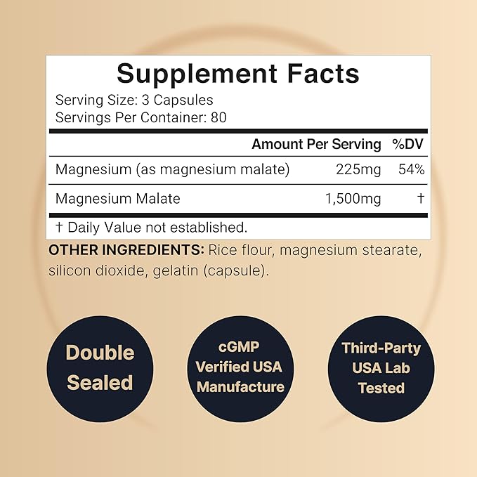 Magnesium Malate 1,500mg Per Serving, 240 Capsules | Chelated for High Absorption – Energy & Nervous Mineral Supplement – Non-GMO, Gluten Free